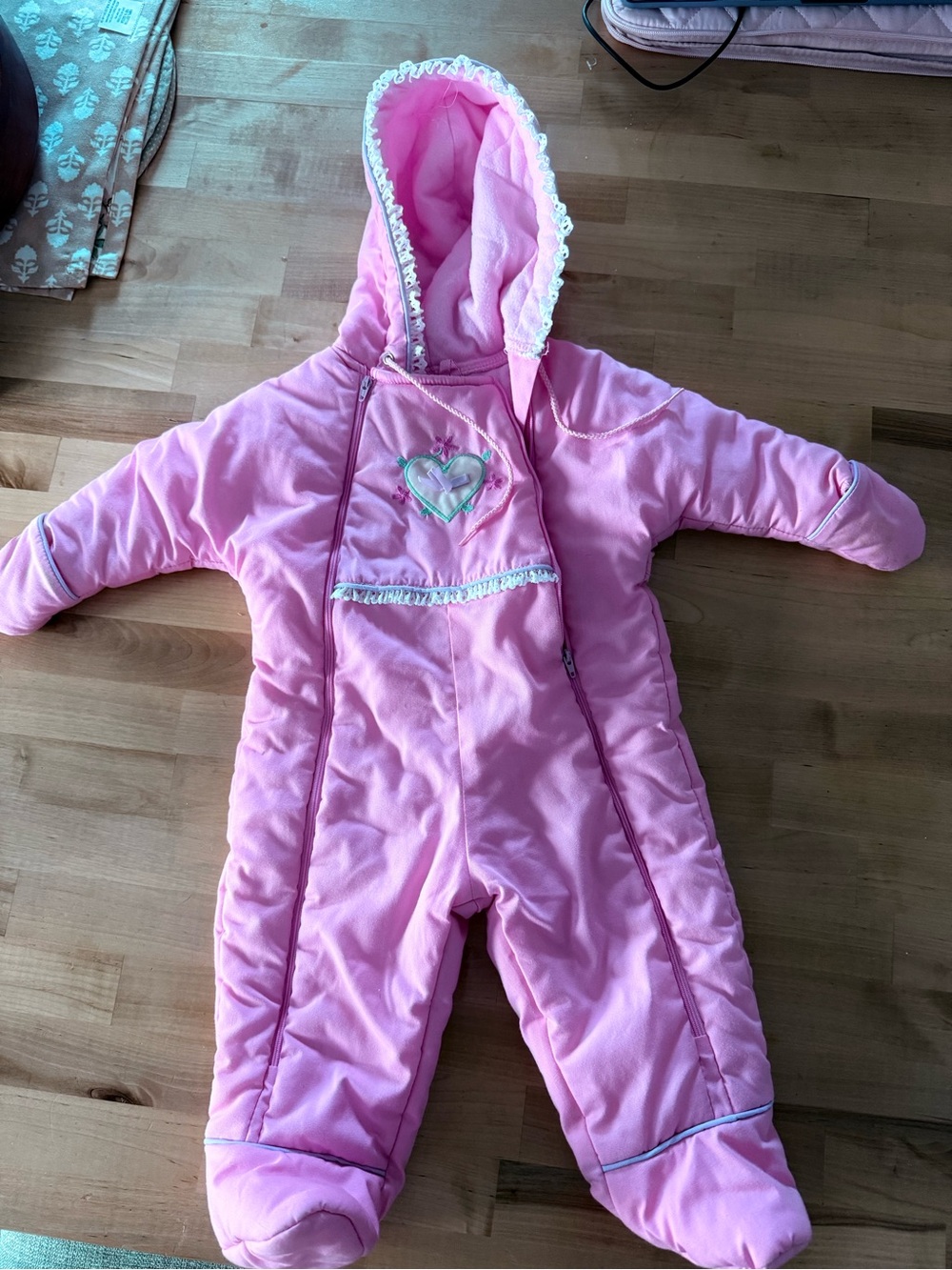 Vintage 80s / 90s Pink Hooded Infant Puffer Snowsuit with Heart Accent